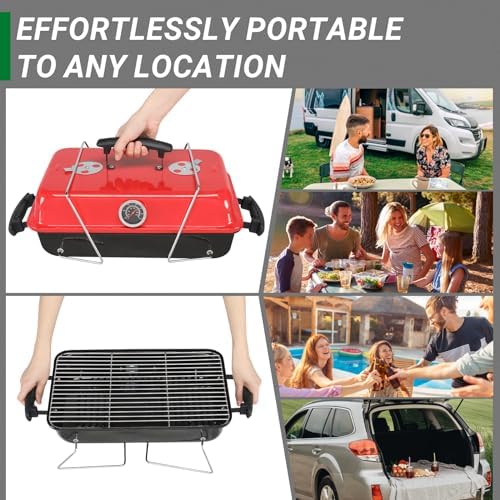 20.8" Portable Enameled Charcoal Grill,Tabletop Outdoor Barbecue Smoker,Heavy Duty Outdoor BBQ Grill,Vertical Camping Barbecue Grill,with Thermometer,for Garden Patio Beach Backyard (Black & Red)