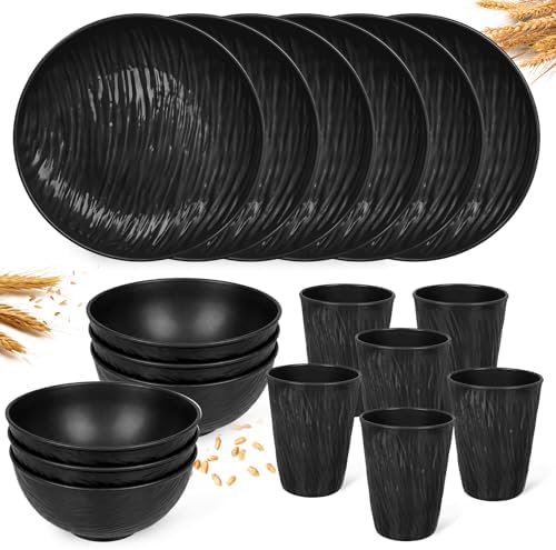 18-Piece Black Wheat Straw Dinnerware Set for 6 (6 Plates, 6 Bowls, 6 Cups) - Heavy Duty Unbreakable Rock-Textured Set, Elegant Microwave Safe & Reusable for Camping & Outdoor Use