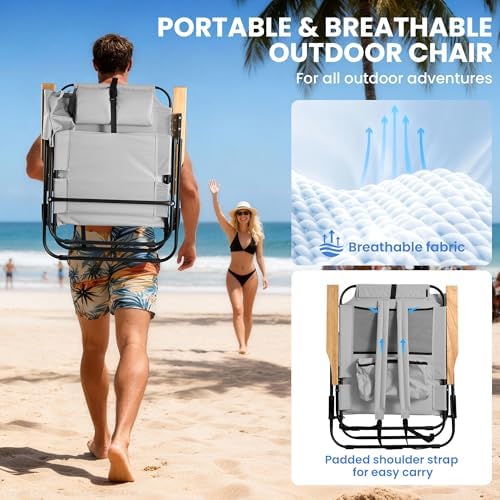 2 Pack Premium 5-Position Reclining Camping Chair - Portable Folding Lightweight Outdoor Chair with Wooden Armrests, Headrest & Pockets, 350lbs Heavy Duty for Beach, Patio, Light Grey