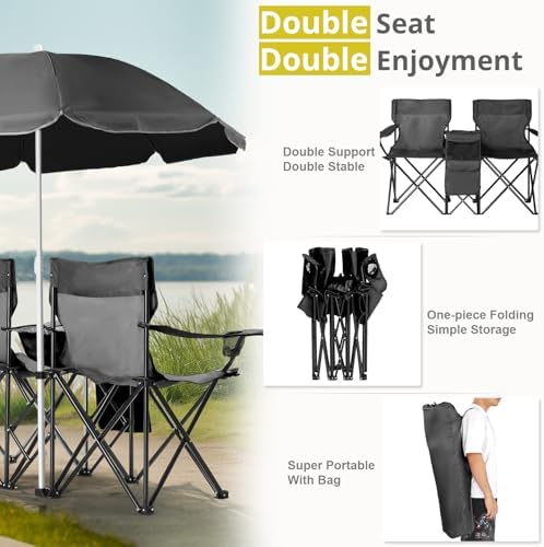 Outvita Folding Double Camping Chair w/Umbrella, Cooler for Beach Patio L