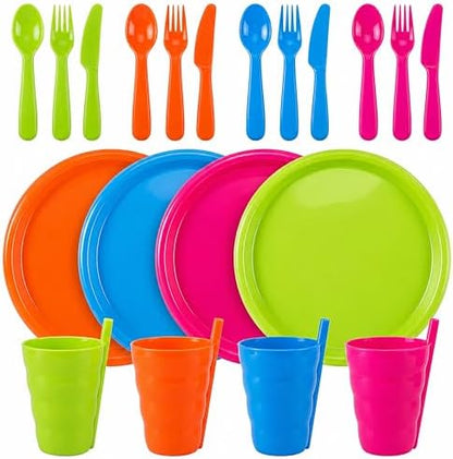 Basicwise 20-pc Reusable Plastic Dinnerware Set for 4 – Microwavable & Dishwasher Safe Assorted Color Plates, Cups, and Cutlery for Party, Picnic, Camping, Outdoor Gathering & Everyday Dining