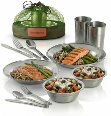 Unique Complete Messware Kit Polished Stainless Steel Dishes Set| Tableware| Dinnerware| Camping| Includes - Cups | Plates| Bowls| Cutlery| Comes in Mesh Bags