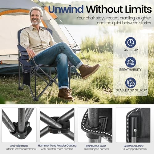 WEIDIORME 2 Pack Heavy Duty Oversized Camping Chair for Adults 400lbs w/Lumbar Support - Folding Chairs with Side Pocket, Cup Holder & Cooler Bag for Beach, Fishing, Lawn, Backyard Navy Blue