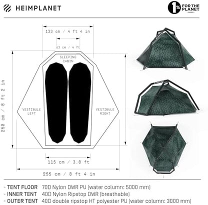 HEIMPLANET Original |FISTRAL V2, 1-2 Person Tent | Inflatable Camping Tent | Outer Tent and Tent Floor - 5000mm | No Tent Poles Required | Supports 1% for The Planet
