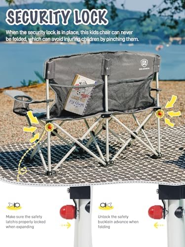 EVER ADVANCED Kids Double Camping Chair with Cupholders Safety Lock, Padded Kids Folding Chair Outdoor with Mesh Pocket, Lightweight Portable Two Person Loveseat for Beach, Supports 300lbs, Grey