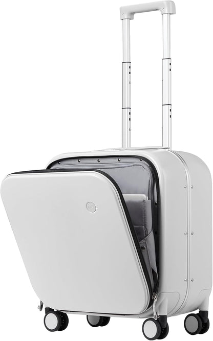 mixi Carry On Luggage, 18” Suitcase with Front Laptop Pocket, Travel Luggage Aluminum Frame PC Hardside with Spinner Wheels & TSA Lock and Cover (Not for Underseat), Smoke White