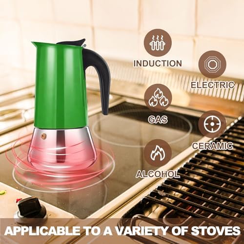 4 Cup Stovetop Espresso Maker Stainless Steel Moka Pot Stove Top Percolator Italian Coffee Makers Capable Mocha Greca Machine Cafe Classic Induction Cookers for Home and Camping 200ml 6.6oz
