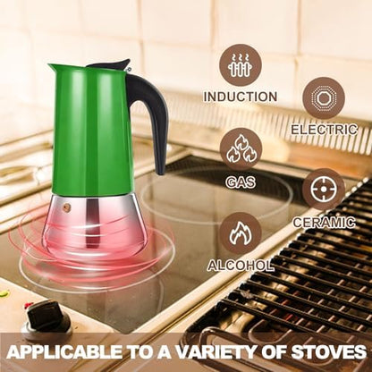 4 Cup Stovetop Espresso Maker Stainless Steel Moka Pot Stove Top Percolator Italian Coffee Makers Capable Mocha Greca Machine Cafe Classic Induction Cookers for Home and Camping 200ml 6.6oz