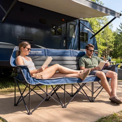 Huskfirm High Back Double Camping Chair 2 Person Camping Chair Grey & Blue