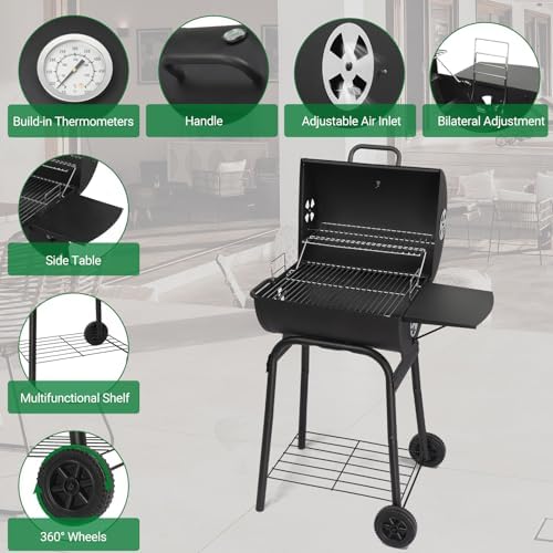 33.8" Portable Barrel Charcoal Grill,Metal Outdoor Barbecue Smoker,Heavy Duty Outdoor BBQ Grill,Vertical Camping Barbecue Grill,with Side Table & Wheels,for Garden Patio Beach Backyard (Black)