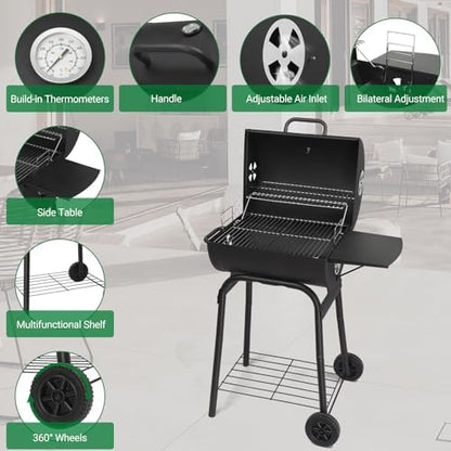 33.8" Portable Barrel Charcoal Grill,Metal Outdoor Barbecue Smoker,Heavy Duty Outdoor BBQ Grill,Vertical Camping Barbecue Grill,with Side Table & Wheels,for Garden Patio Beach Backyard (Black)