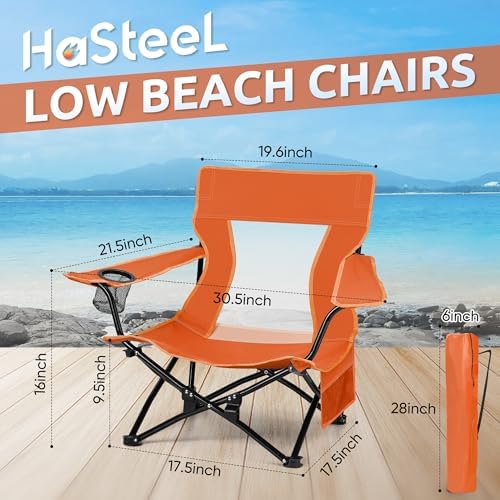 HaSteeL Low Beach Chairs, 2Pcs Folding Camping Lawn Chairs - Orange