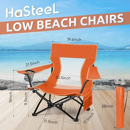HaSteeL Low Beach Chairs, 2Pcs Folding Camping Lawn Chairs - Orange
