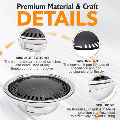 Korean Charcoal Grill 13.8 Inches Stainless Steel Tabletop BBQ Grill Stove Outdoor Camping Cooker, Tabletop Smoker Grill BBQ Grill for Patio Garden Backyard