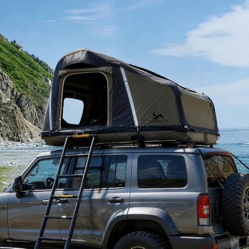 MC TOMOUNT Inflatable Rooftop Tent for Camping, Roof Top Truck Tent with Detachable Mattress, Panoramic Skylight & Ladder, Easy Setup Blow Up 2-3 Person Canvas Roof Tent for Car SUV Jeep Van
