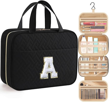 HOTOR Travel Toiletry Bag - Personalized Chenille Initial Makeup Bag, Water-Resistant Personalized Gifts for Women, Portable Travel Accessories & Essentials, Letter A, Black, 11.4"×9.0"×3.35"