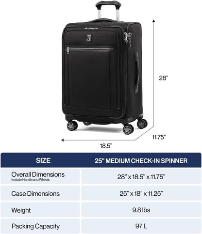 Travelpro Platinum Elite Softside Expandable Checked Luggage, 8 Wheel Spinner Suitcase, TSA Lock, Men and Women, Dark Blue, Checked Medium 25-Inch