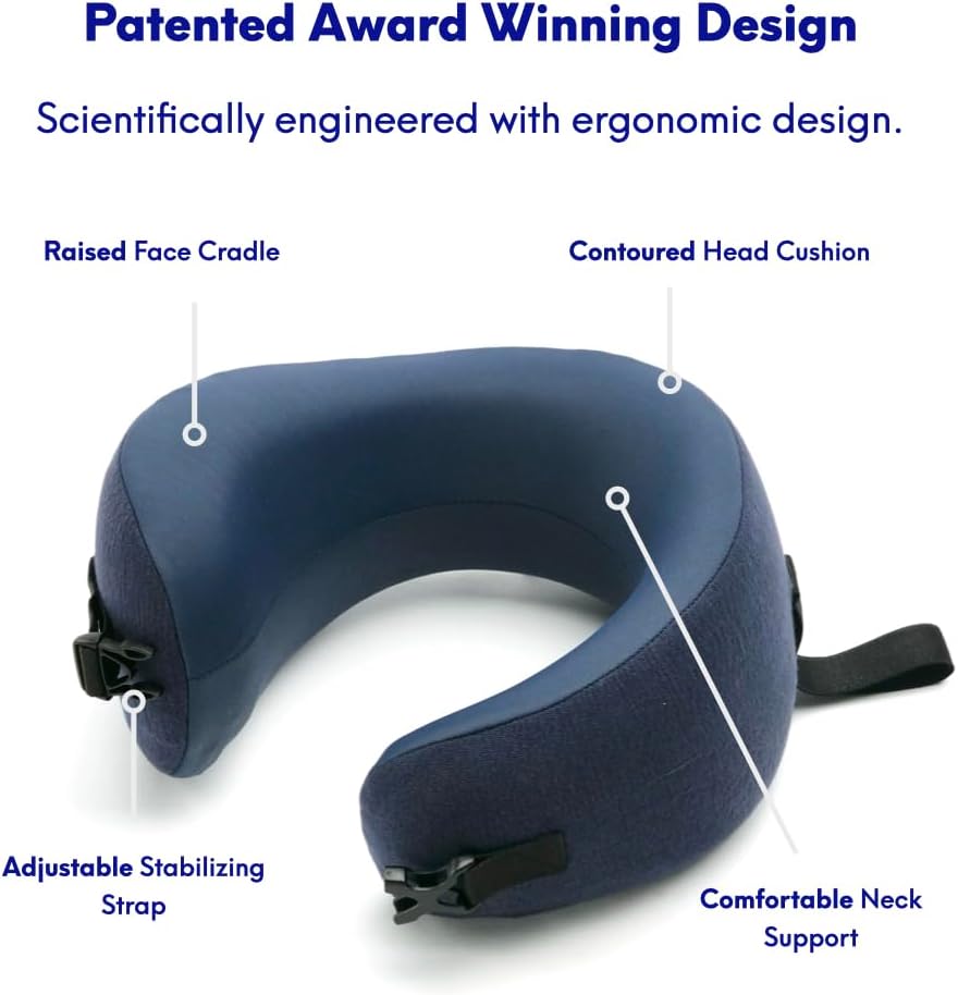 C CUSHION LAB Travel Pillow, Award-Winning Patented Ergonomic Design for Chin & Neck Support Memory Foam Neck Pillow, Compact Airplane Pillow for Traveling, Flight, Car (Navy, Medium)