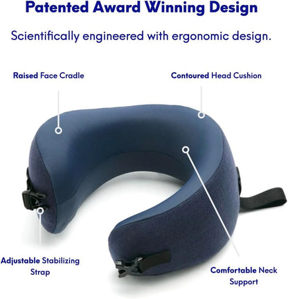C CUSHION LAB Travel Pillow, Award-Winning Patented Ergonomic Design for Chin & Neck Support Memory Foam Neck Pillow, Compact Airplane Pillow for Traveling, Flight, Car (Navy, Medium)