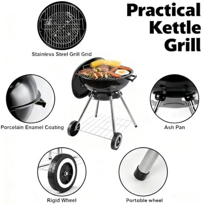 Portable charcoal grill -18 inch water kettle grill with handle, including lid and grill mesh, suitable for backyard, camping, picnicking, and gatherings (large)