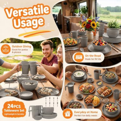 Wrova Modern Plates and Bowls Sets, 24PCS Wheat Straw Dinnerware Sets for 4