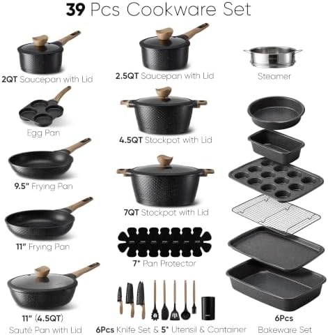 CAROTE 39pcs Nonstick Cookware Sets, Pots and Pans Set with Bakeware