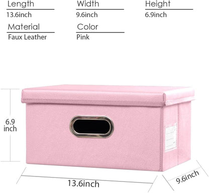PRANDOM Collapsible Storage Box with Lid [1-Pack] Leather Fabric Foldable Storage Bin Organizer Container Basket Cube with Cover for Home Bedroom Closet Office Nursery Pink (13.6x9.6x6.9)