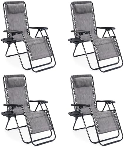 Sweetcrispy Zero Gravity Chairs, Set of 4 Portable Recliner Beach Camping Patio Outdoor Folding Lounge Chair with Cup Holder Trays and Adjustable Pillow for Poolside, Garden, Backyard, Lawn, Grey