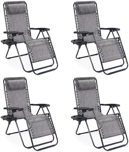 Sweetcrispy Zero Gravity Chairs, Set of 4 Portable Recliner Beach Camping Patio Outdoor Folding Lounge Chair with Cup Holder Trays and Adjustable Pillow for Poolside, Garden, Backyard, Lawn, Grey
