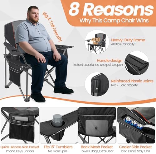 WEIDIORME 2 Pack Heavy Duty Oversized Camping Chair for Adults 400lbs w/Lumbar Support - Folding Chairs with Side Pocket, Cup Holder & Cooler Bag for Beach, Fishing, Lawn, Backyard Black
