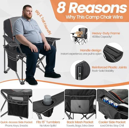 WEIDIORME 2 Pack Heavy Duty Oversized Camping Chair for Adults 400lbs w/Lumbar Support - Folding Chairs with Side Pocket, Cup Holder & Cooler Bag for Beach, Fishing, Lawn, Backyard Black