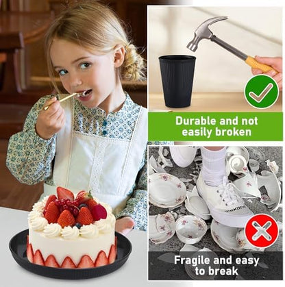 Wheat Straw Dinnerware Sets, Kitchen Unbreakable Wheat Straw Plates and Bowls Sets for College Dorm Apartment Reusable Black 12pcs