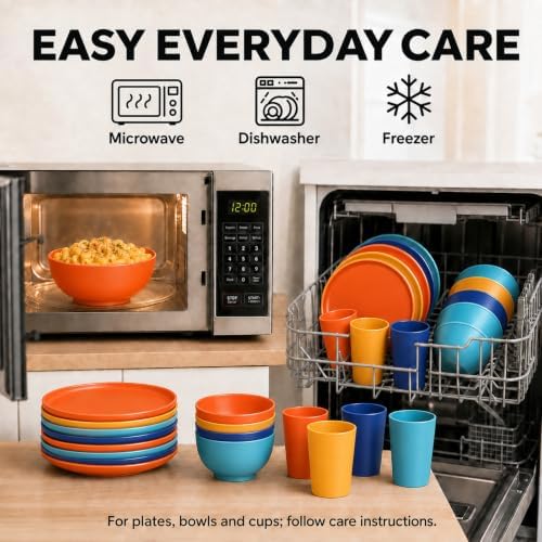28 Piece Plates and Bowls Sets for 4, Kitchen Dinnerware Sets, Plastic