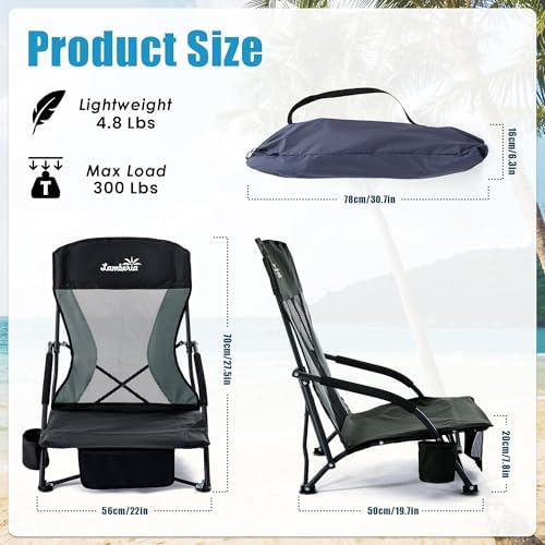 Lamberia Folding Beach Chair for Adults 2 Pack, Portable Low Beach Chairs with 300lbs Capacity, Lightweight Fodable Camping Chair for Travel, Picnic, Concert & Outdoor Activities,Black-Grey