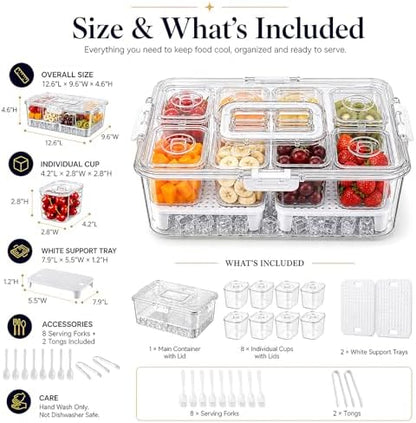 Upgraded 8-Compartment Chilled Condiment Server with Carry Handle, Large Cocktail Garnish Tray, Portable Fruit Tray with Ice Bottom, Cook Out Essentials for BBQ, Taco Bar, Camping