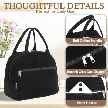 FlowFly Lunch Bag for Women Insulated Lunch Box Corduroy Lunch Tote Cooler for Travel Work Picnic,Corduroy Black