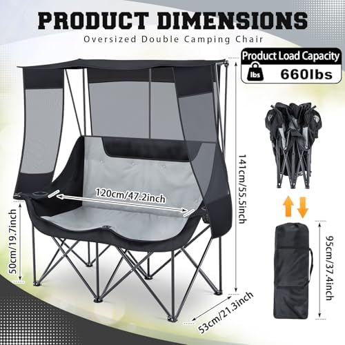 Teenyyou Double Camping Chair with Canopy 660lbs Heavy Duty, Black and Grey