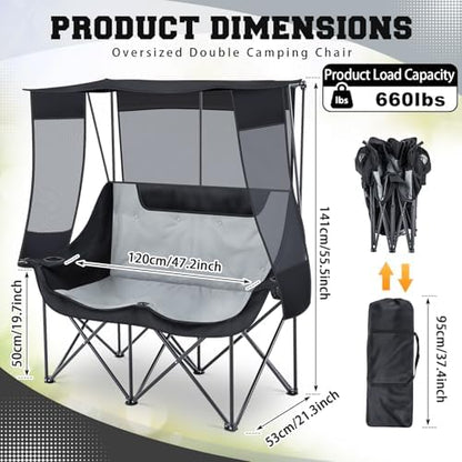Teenyyou Double Camping Chair with Canopy 660lbs Heavy Duty, Black and Grey