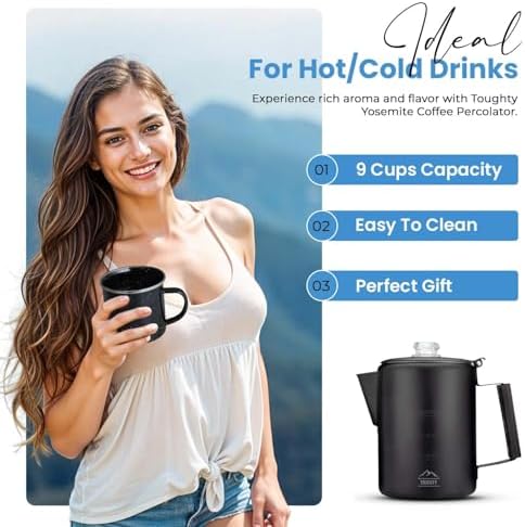 Toughty Yosemite Stovetop Coffee Percolator, 9 Cup, Black Matte
