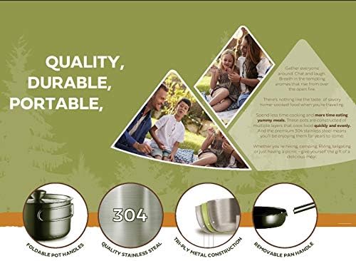 Camping Cookware Set 304 Stainless Steel 8-Piece Pots & Pans Open Fire Cooking Kit | Frying Pan Steamer with Travel Tote Bag | Compact For Outdoors & Indoors Kitchen Campfire Hiking RV