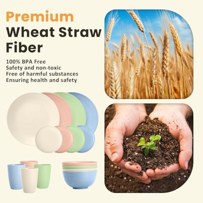 Homienly Premium Dinnerwave Sets, Lightweight & Unbreakable Wheat Straw Dish Set - Plates and Bowls Set with Cups, 16 PCS Microwave and Dishwasher Safe Dinnerware Set - Multi Light