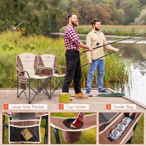 2 Pack Padded Oversized Camping Chairs for Adults,Heavy Duty Support 400 Lbs,Folding Portable Lawn Chair w/Cup Holder,Cooler Bag,Side Pocket,Perfect for Outdoor Picnic,Hiking(Moca)
