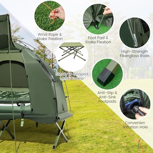 Goplus Camping Tent Cot, 5-in-1 Folding Camping Bed with Air Mattress, Pillow, Sleeping Bag, Waterproof Elevated Tent Shelter, Portable Outdoor Sleeping Cot with Carry Bag for Picnic, Trip