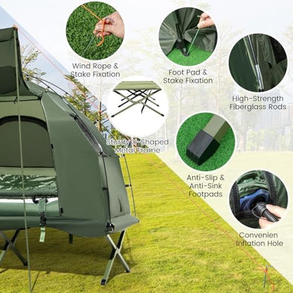 Goplus Camping Tent Cot, 5-in-1 Folding Camping Bed with Air Mattress, Pillow, Sleeping Bag, Waterproof Elevated Tent Shelter, Portable Outdoor Sleeping Cot with Carry Bag for Picnic, Trip