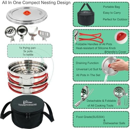 Foldable 18/8 Stainless Steel Camping Cookware 11pcs for 4-8 People