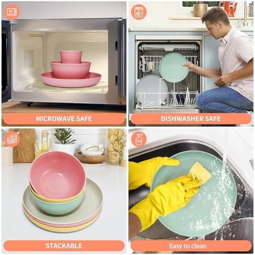 36 pcs Wheat Straw Dinnerware Sets DAPIPIK Unbreakable Reusable Dinnerware Set ，Lightweight Camping Plates Cups and Bowls Set. Dishwasher Microwave Safe Dinnerware