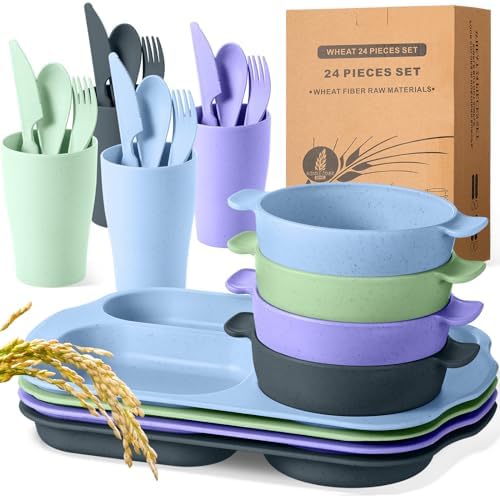 Honoson 24pcs Wheat Straw Dinnerware, Unbreakable, Assorted Color