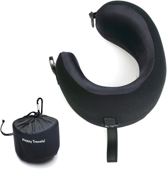 C CUSHION LAB Extra Support Travel Pillow, Award-Winning Patented Ergonomic Design for Chin & Neck Support Memory Foam Neck Pillow, Compact Airplane Pillow for Traveling, Flight, Car (Black, Medium)