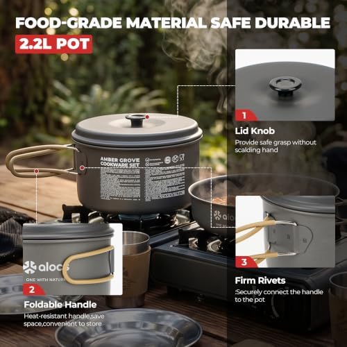 ALOCS 20pcs Camping Cookware Mess Kit, Camping Pots and Pans Set