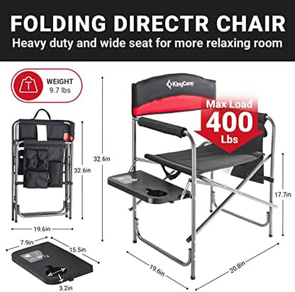 KingCamp 2-Pack Camping Folding Director Chairs with Side Table & Storage, Red